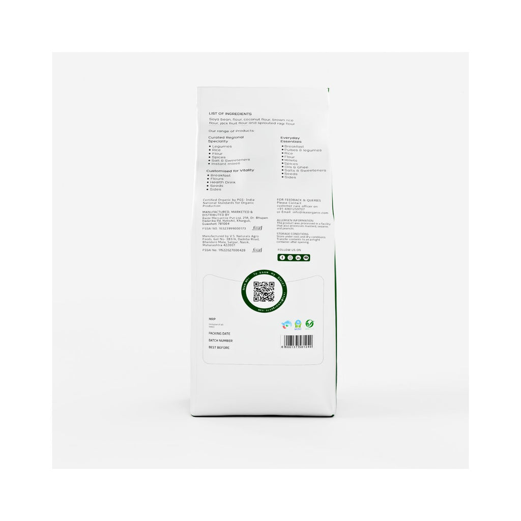 Product packaging with text and a QR code on a white background