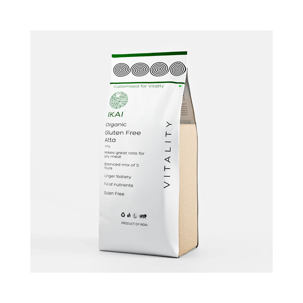 ikai brand organic gluten-free atta packaging on a white background