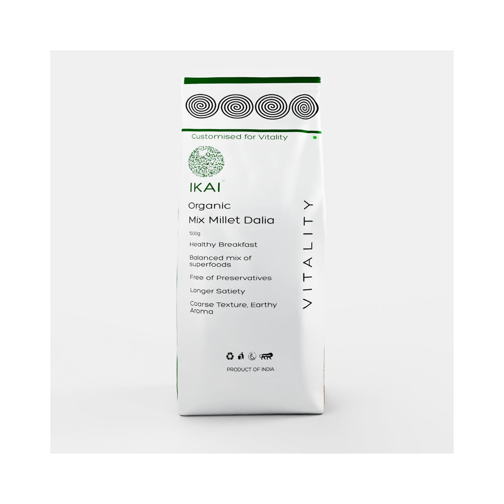 White packaging of IKAI Organic Mix Millet Dalia with green and black text on a white background