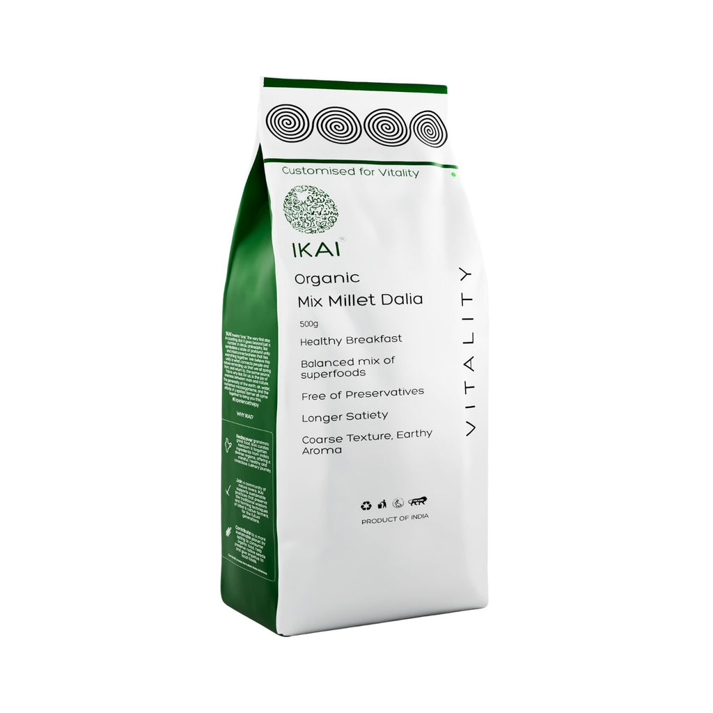 Green and white package of Ikaï Organic Mix Millet Dalia on a white background