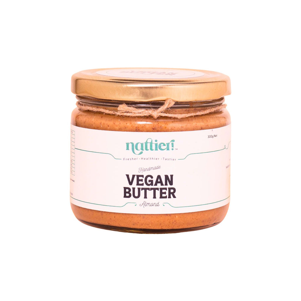 Jar of vegan butter with a visible brand label on a white background