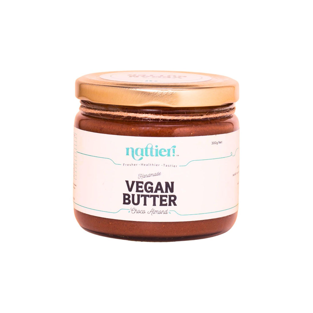Jar of vegan butter with a visible brand label on a white background