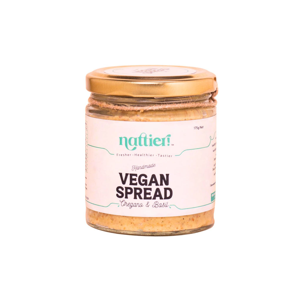 Jar of oregano basil spread with white label on white background