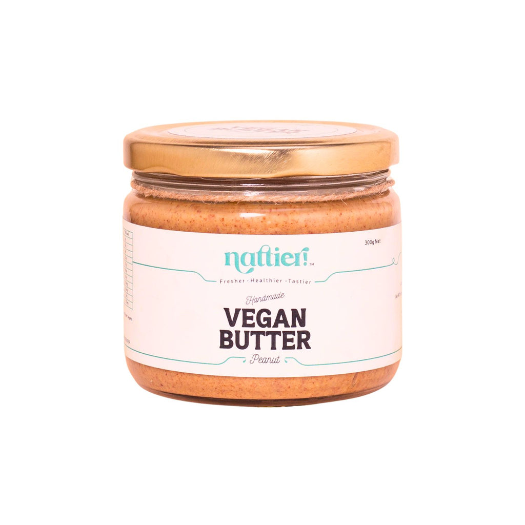 Jar of vegan butter with a visible brand label on a white background
