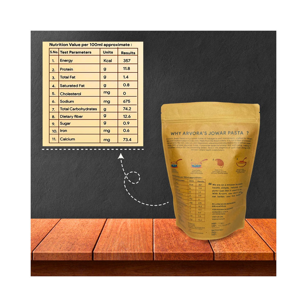 arvora_organic_products_jowar__sorghummillet__pasta_250gm_pack_back_nutrition