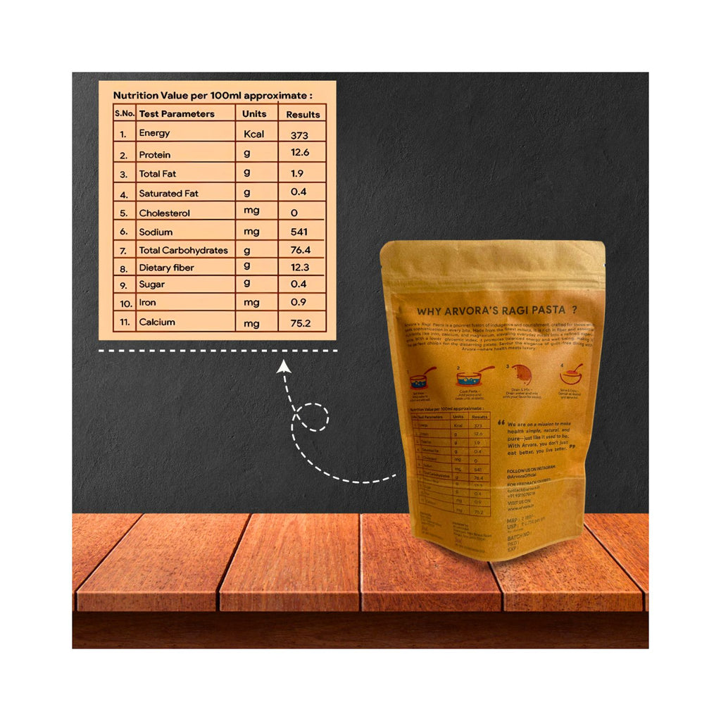 arvora_organic_products_ragi__fingermillet__pasta_250gm_pack_back_nutrition