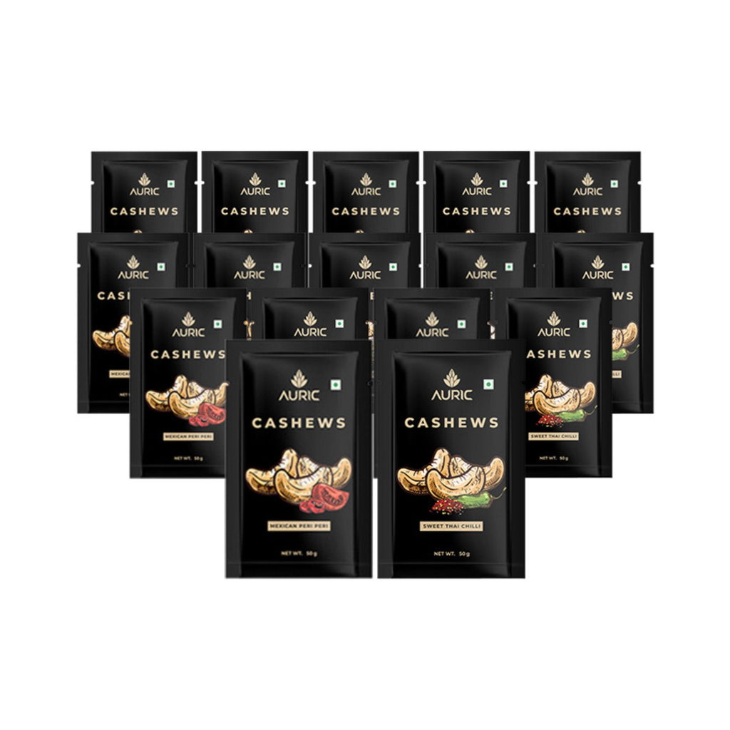 auric_crunchy_indian_cashews_kaju_sweet_thai_chilli___mexican_peri_peri_50g_each_pack_of_16_front