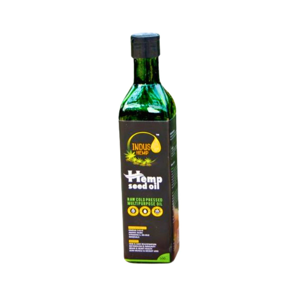 Bottle of Indus Hemp Hemp Seed Oil on a white background