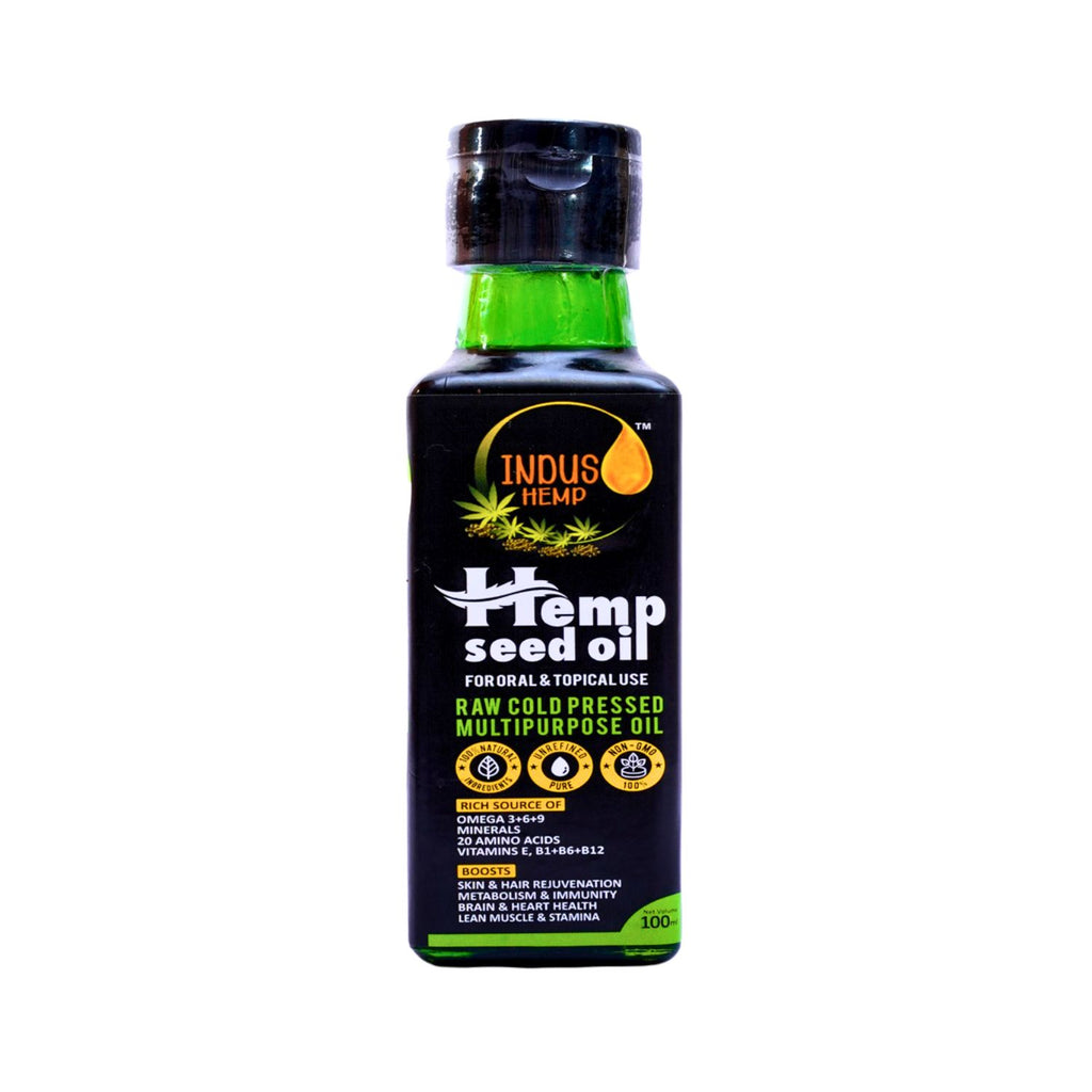 Bottle of Indus Hemp Hemp Seed Oil on a white background