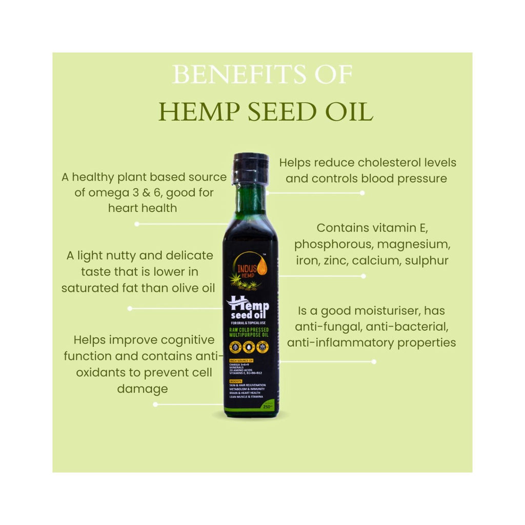 Bottle of hemp seed oil with text detailing its benefits on a green background
