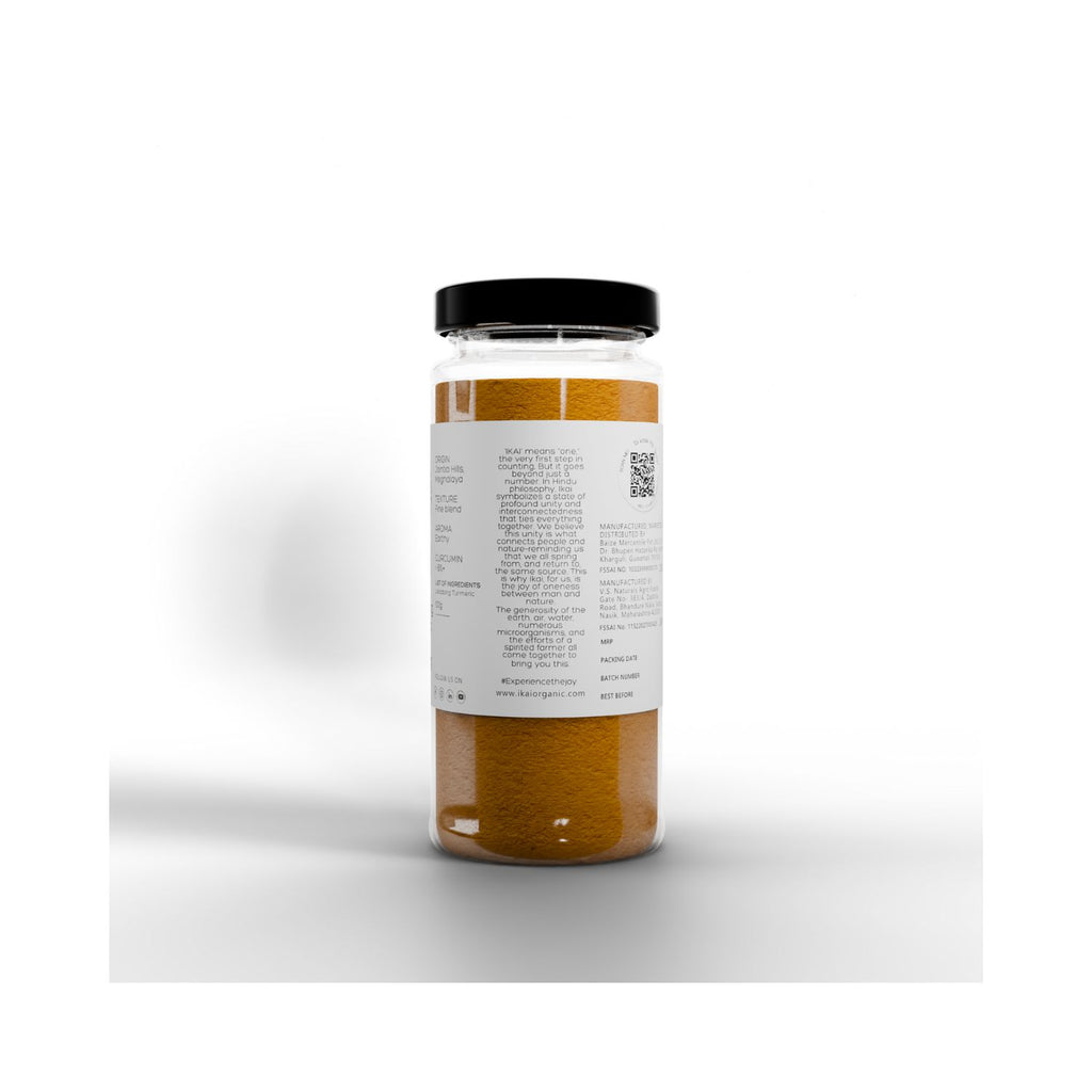 Jar of  IKAI Meghalaya Natural Lakadong Turmeric Chyrmit Lakadong with a label on a white background with info about ikai