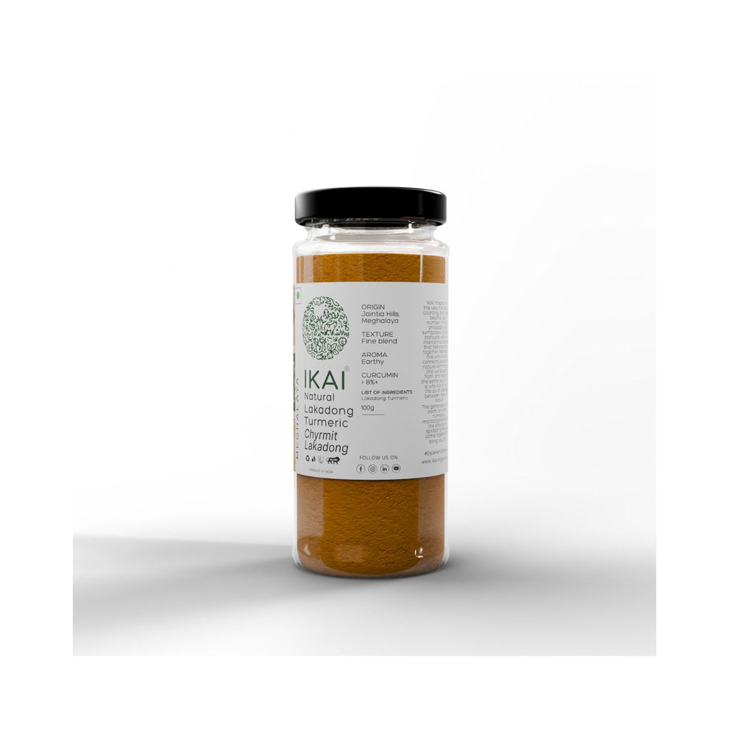 Jar of  IKAI Meghalaya Natural Lakadong Turmeric Chyrmit Lakadong on a white background showing product sourcing info