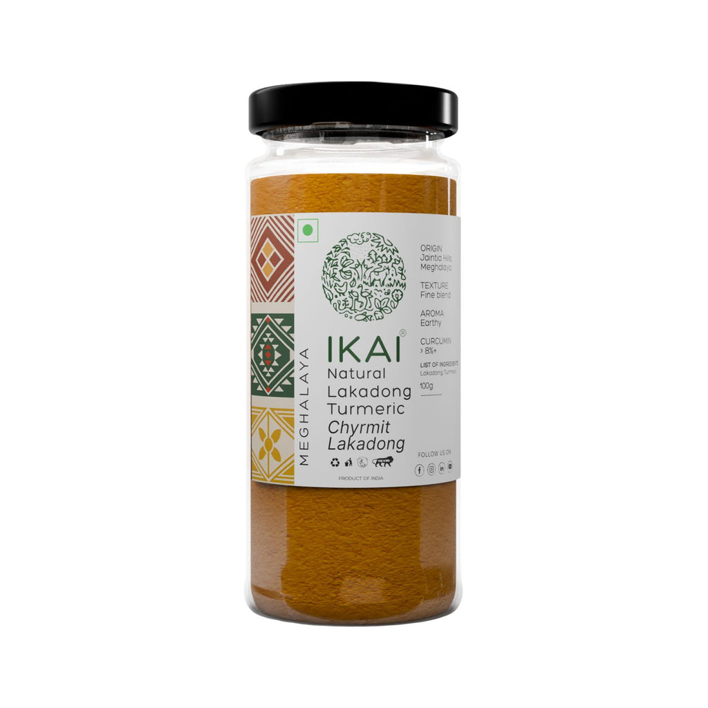 Jar of IKAI Meghalaya Natural Lakadong Turmeric Chyrmit Lakadong on a white background