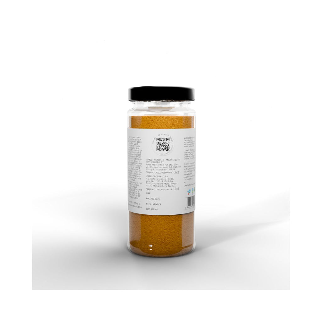 Jar of  IKAI Meghalaya Natural Lakadong Turmeric Chyrmit Lakadong with a label on a white background showing barcode and manufacturer info