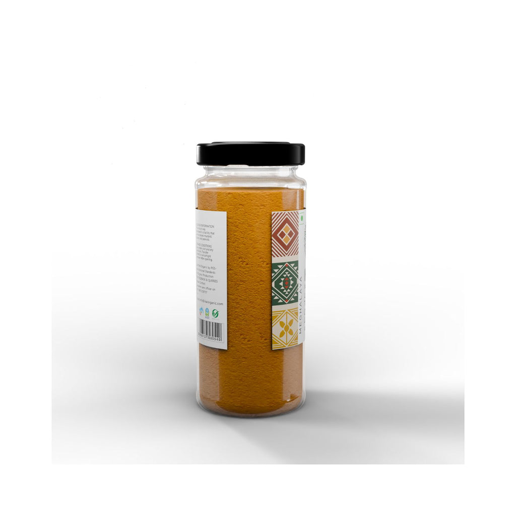 Jar of  IKAI Meghalaya Natural Lakadong Turmeric Chyrmit Lakadong with a label on a white background from a different angle