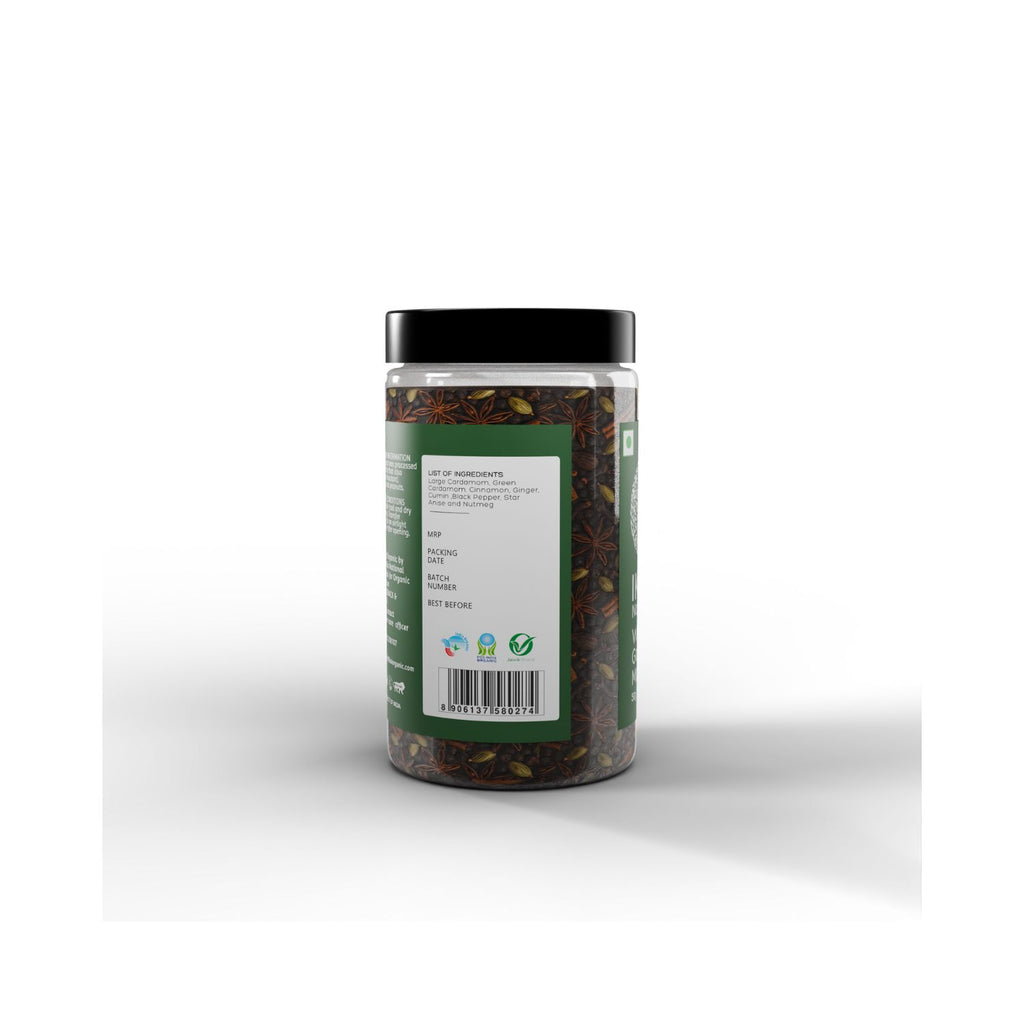 Jar of IKAI Natural Whole Garam Masala with a label on a white background showing list of ingredients