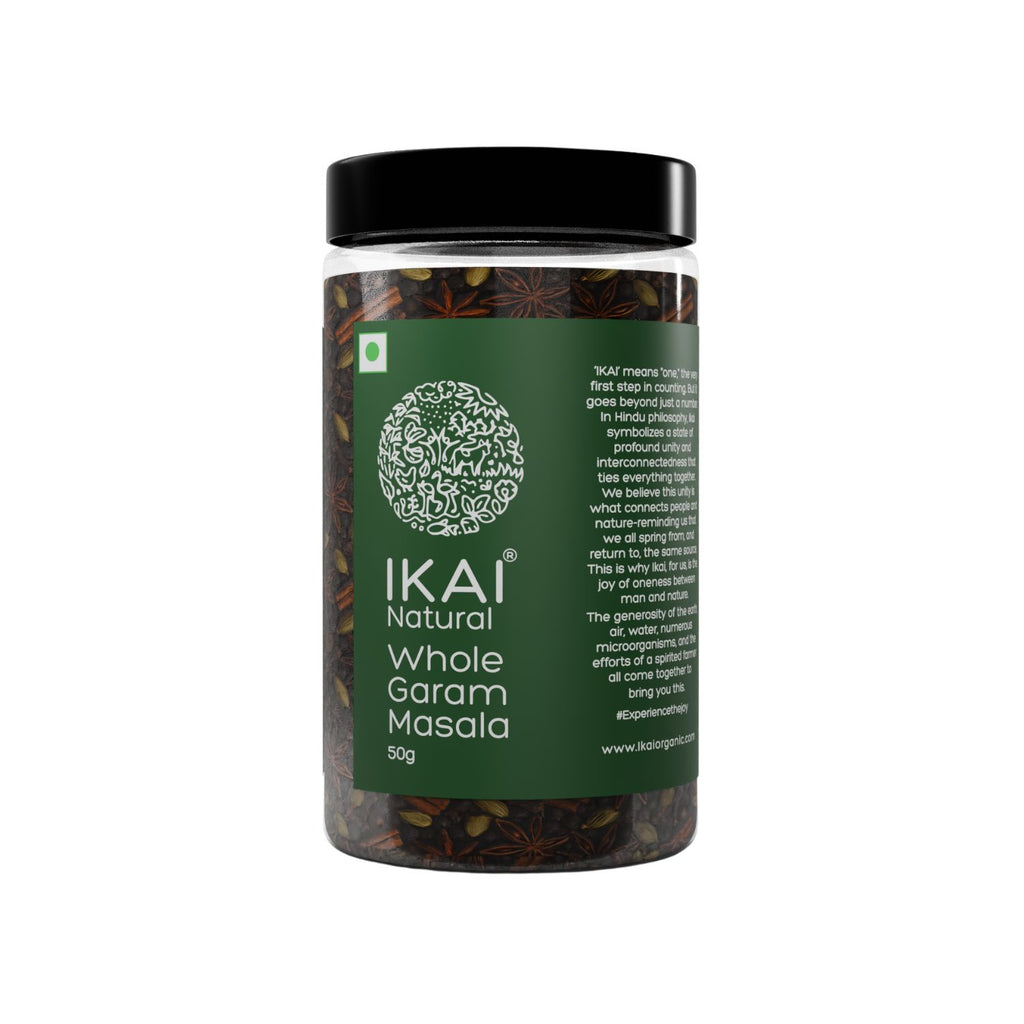 Jar of IKAI Natural Whole Garam Masala on a white background