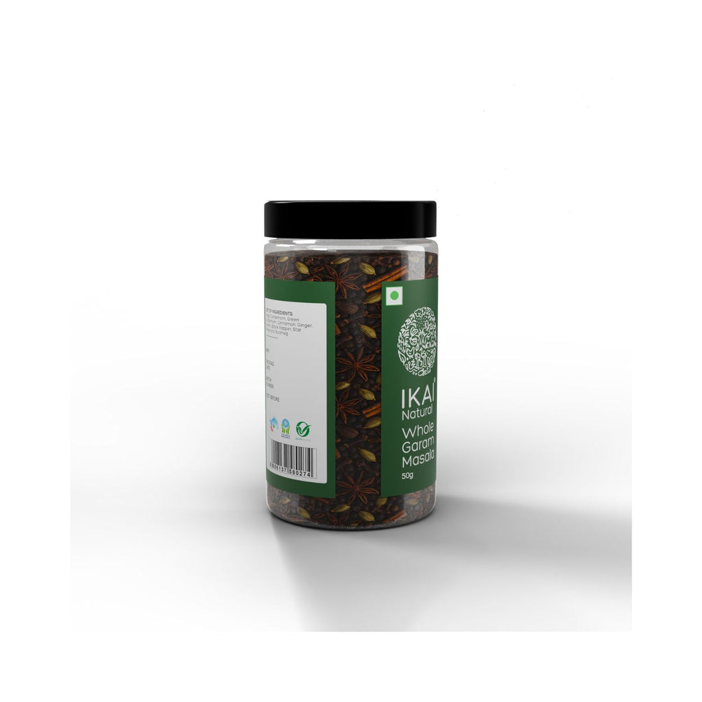 Jar of IKAI Natural Whole Garam Masala with a green label on a white background showing barcode