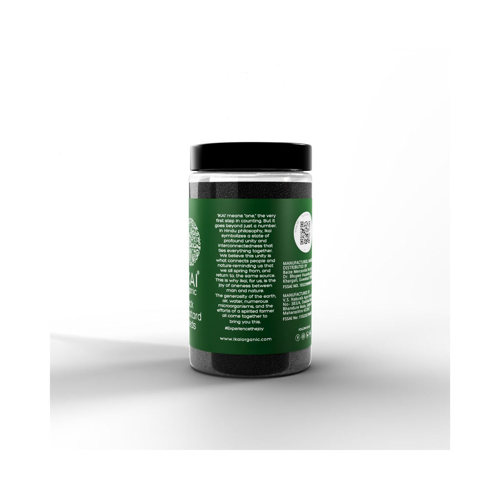 Green container of Ikai mustard seeds with text about Ikai on a white background