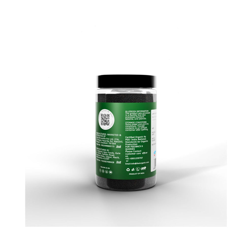 Jar of Ikai black mustard with allergen text on a white background