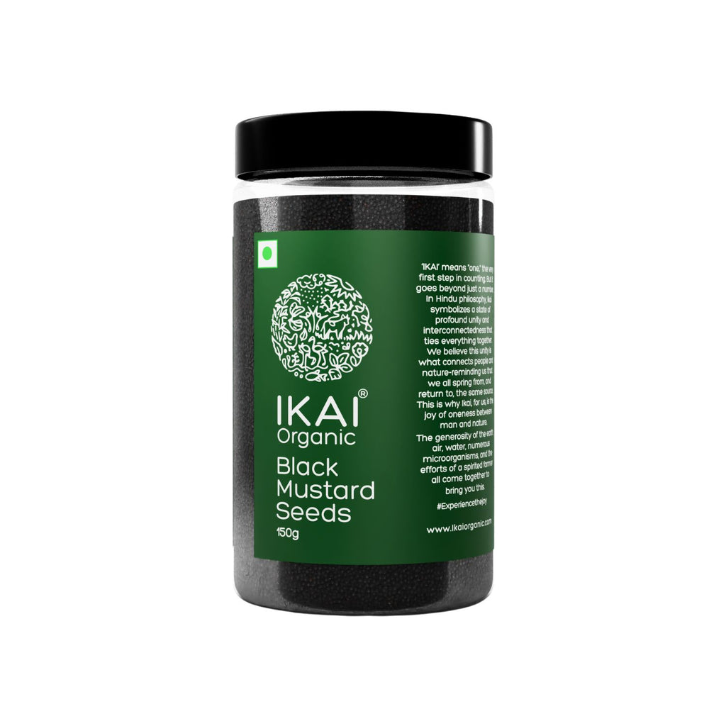 Jar of IKAI Organic Black Mustard Seeds on a white background