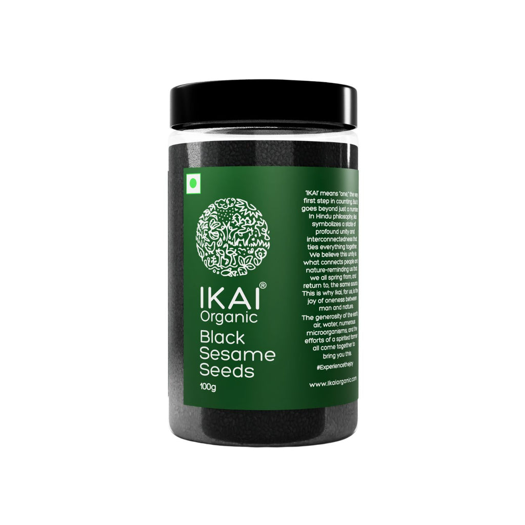 Jar of IKAI Organic Black Sesame Seeds on a white background