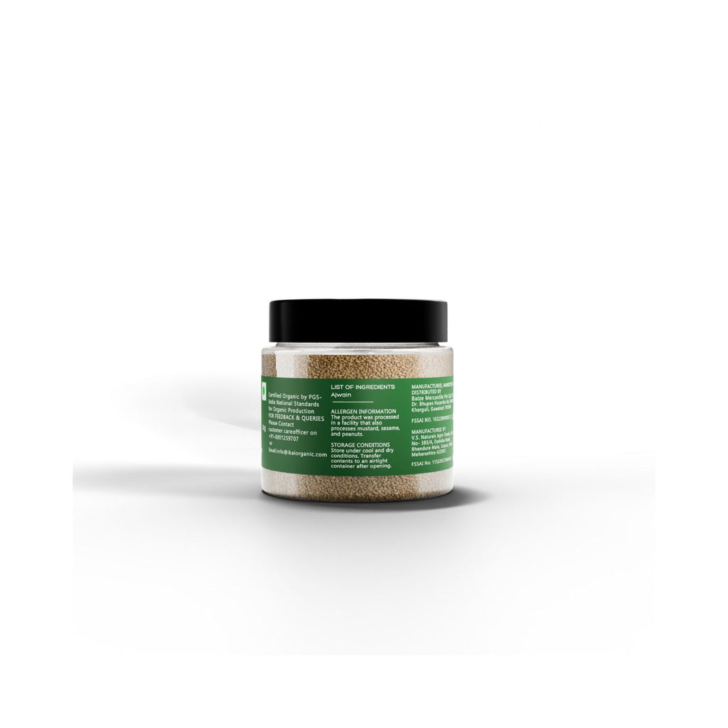Jar of organic carom seeds with IKAI branding with ingredients list on a green label on a white background