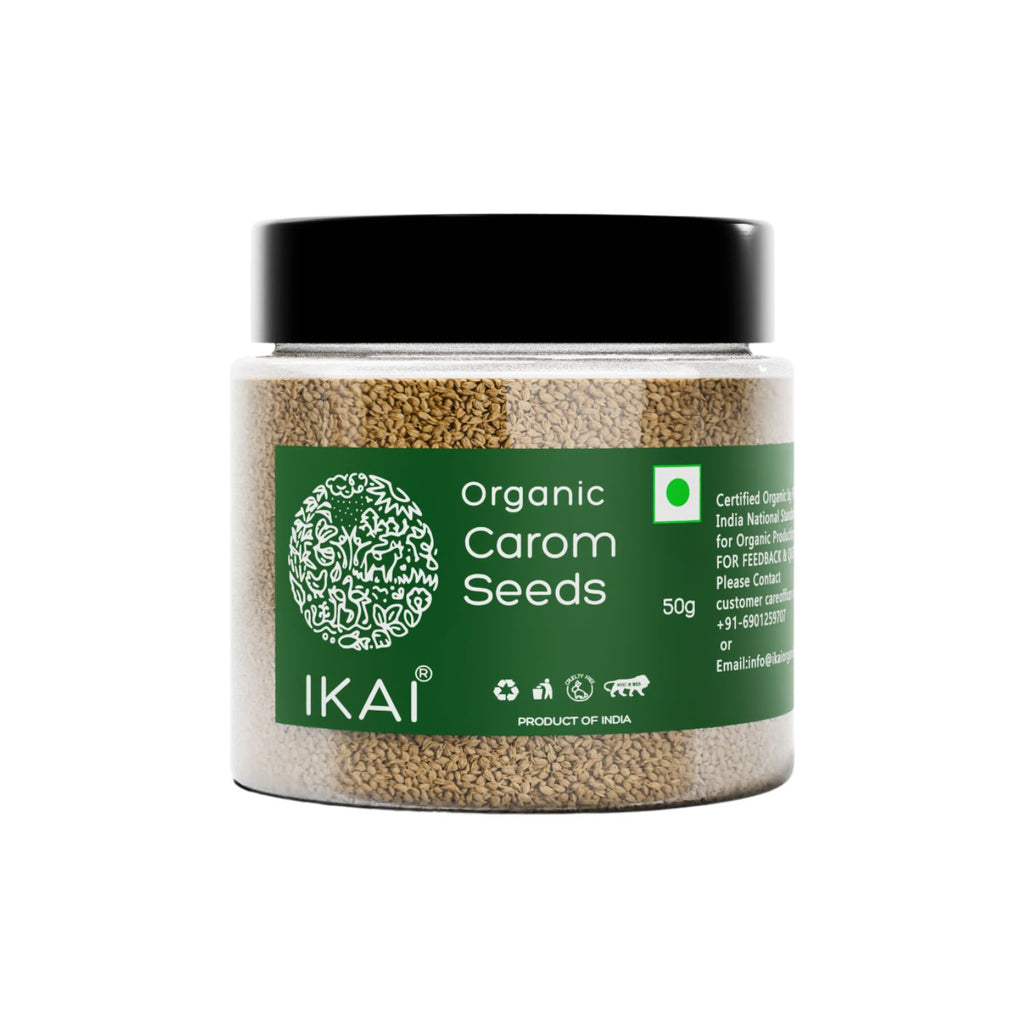 Jar of organic carom seeds with IKAI branding on a white background