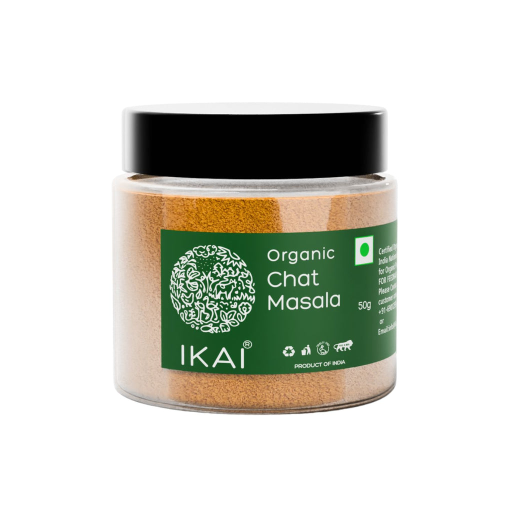 Jar of Organic Chat Masala with IKAI branding on a white background
