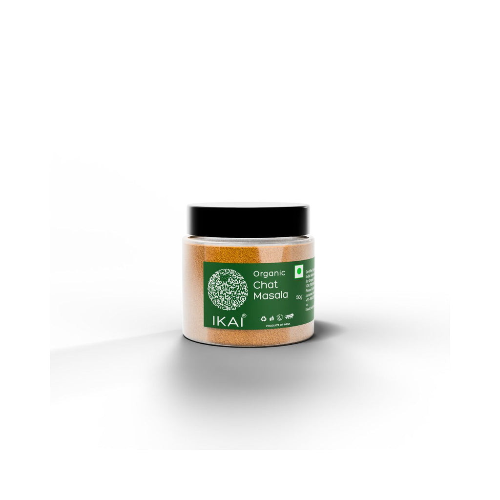 Jar of IKAI Organic Chat Masala on a white background