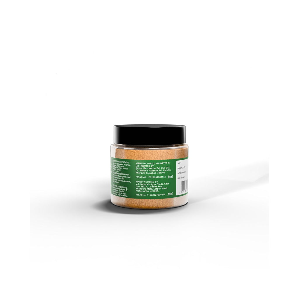 Jar of IKAI Organic Chat Masala with a green label on a white background showing manufacturing info