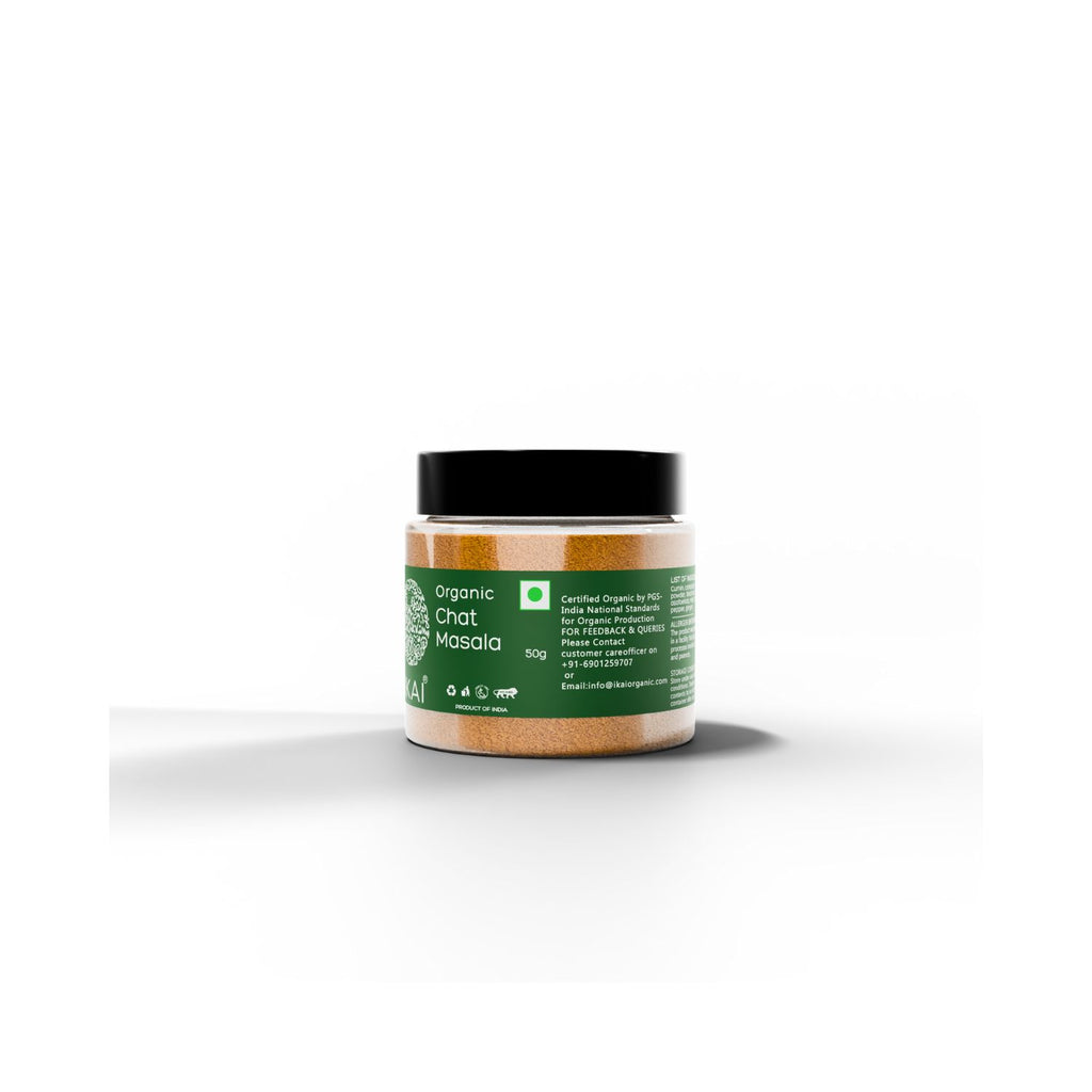 Jar of organic chat masala on a white background showing organic certification