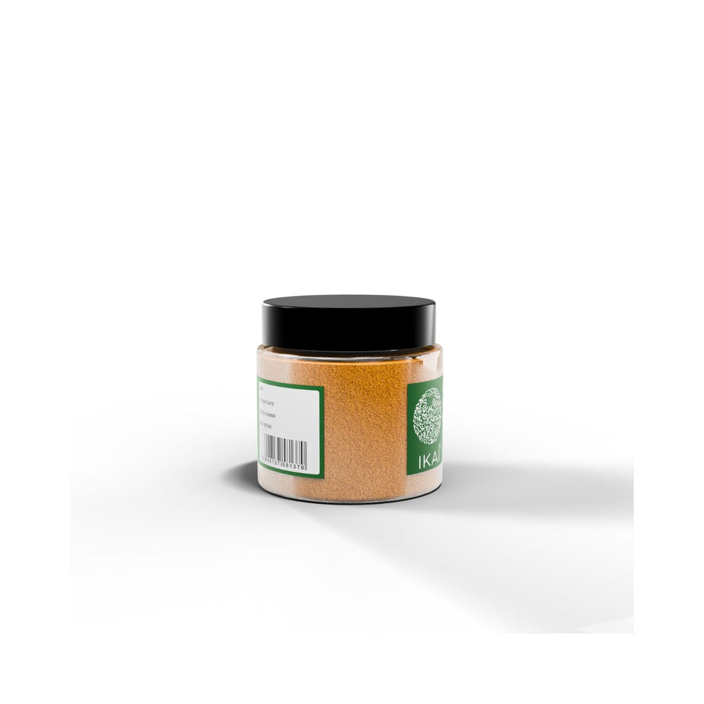 Jar of IKAI Organic Chat Masala with a black lid on a white background showing barcode
