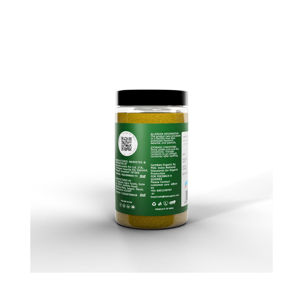 Jar with coriander powder green label on a white background