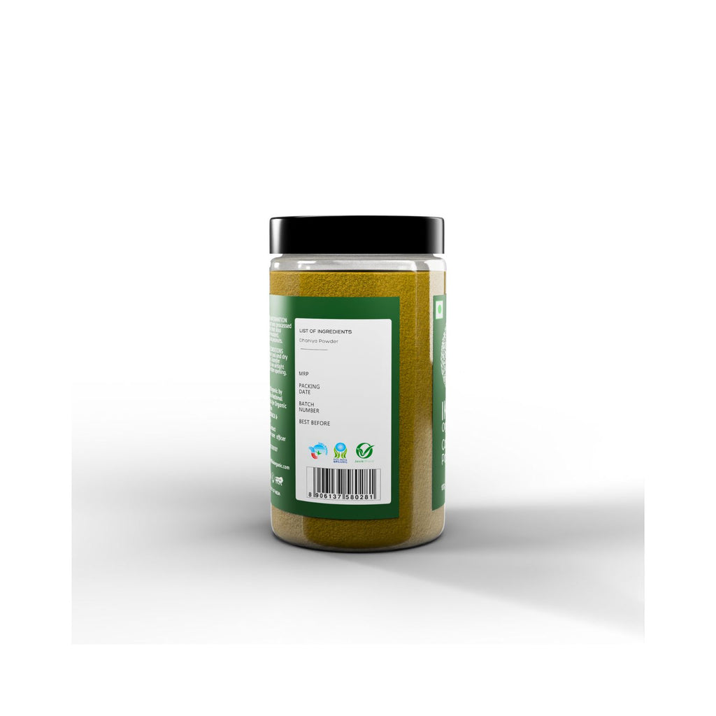 Jar of coriander powder with a label on a white background