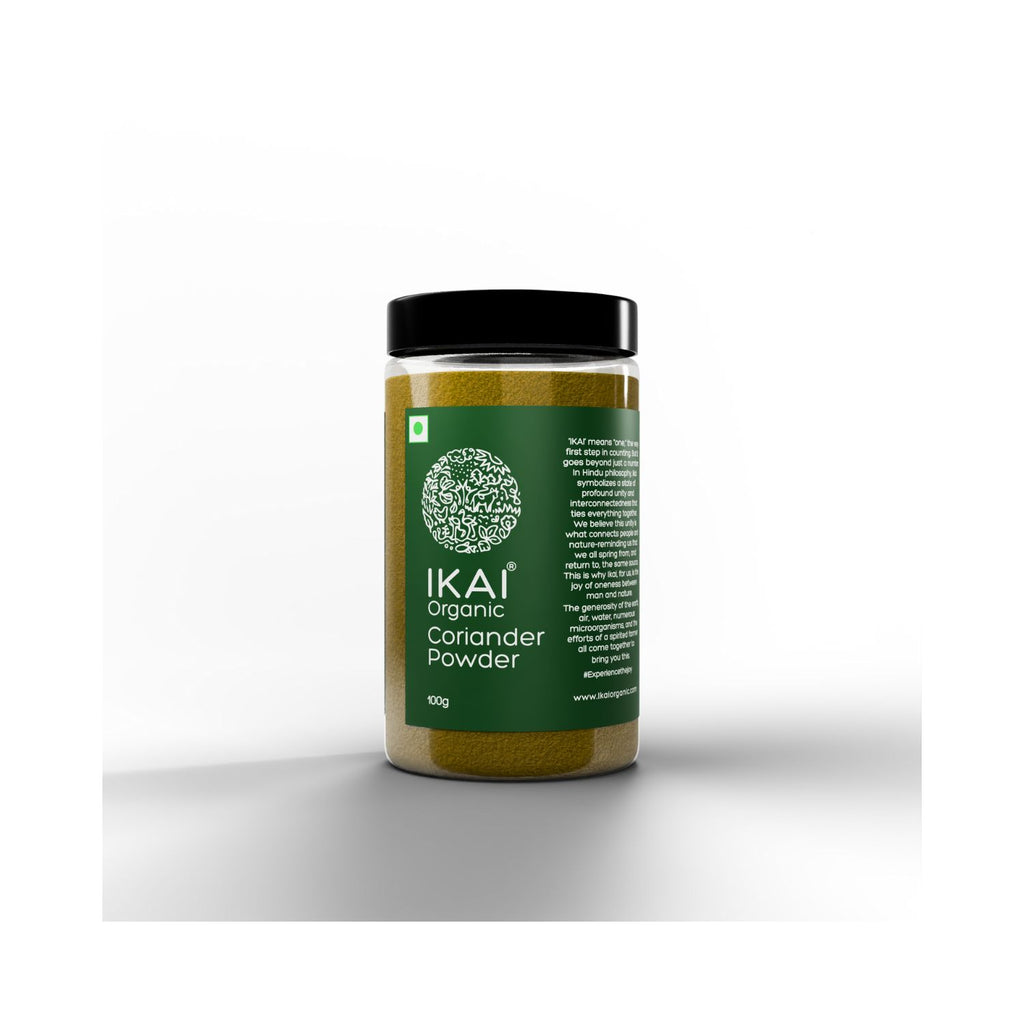 Jar of IKAI Organic Coriander Powder on a white background 2