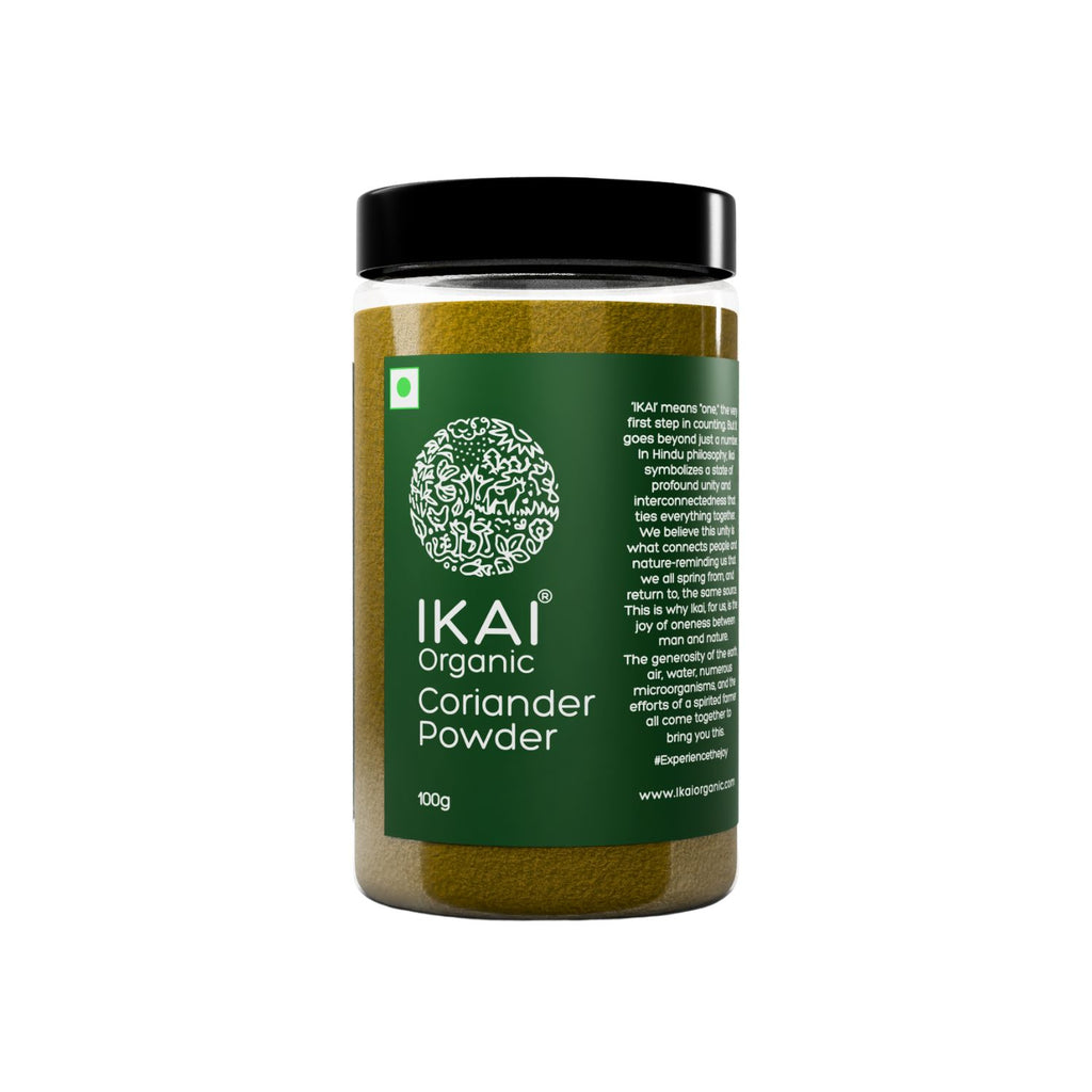 Jar of IKAI Organic Coriander Powder on a white background