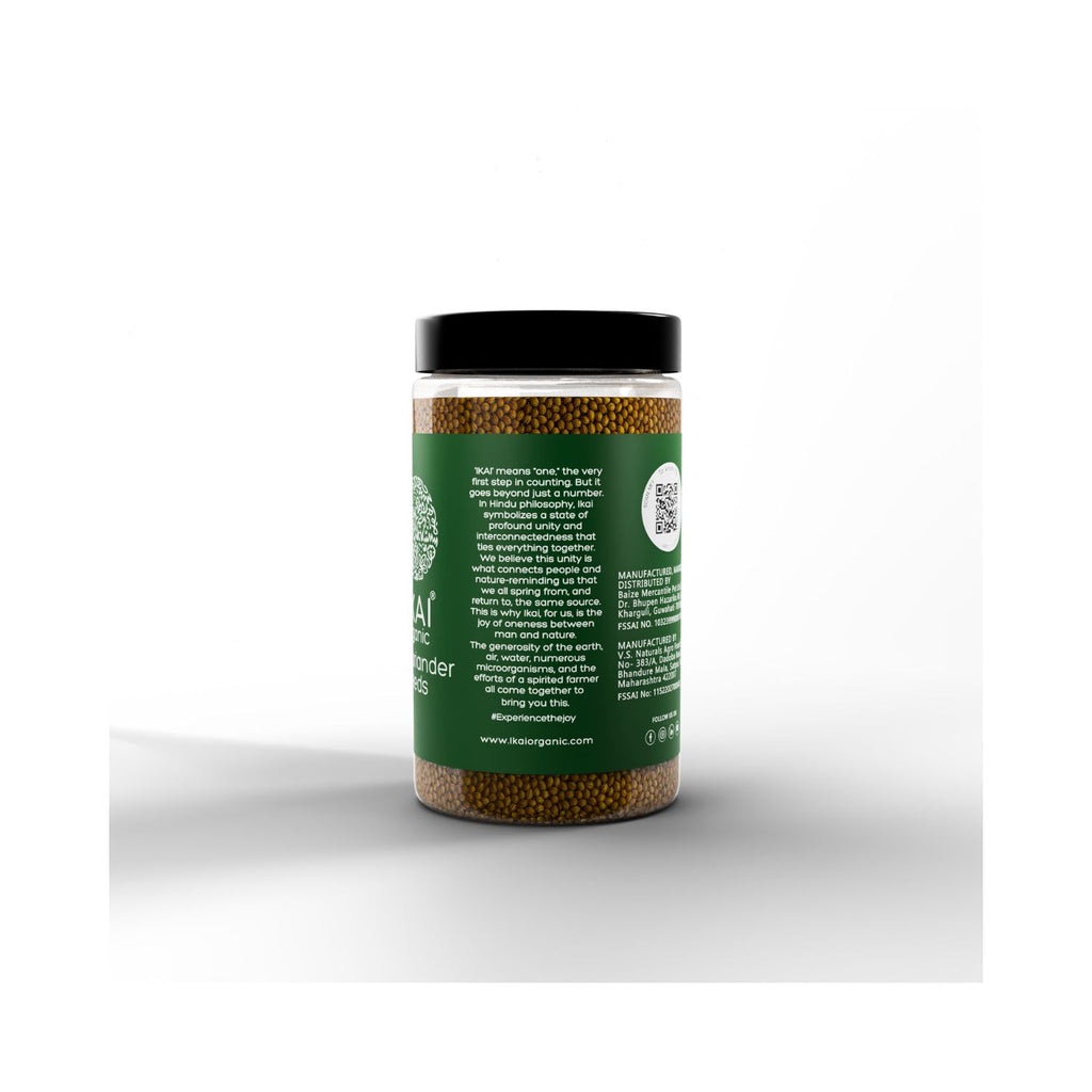 Jar of Organic Coriander Seeds with a green label on a white background