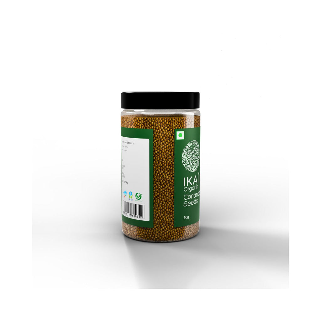 Jar of Ikal Organic Organic Coriander Seeds on a white background