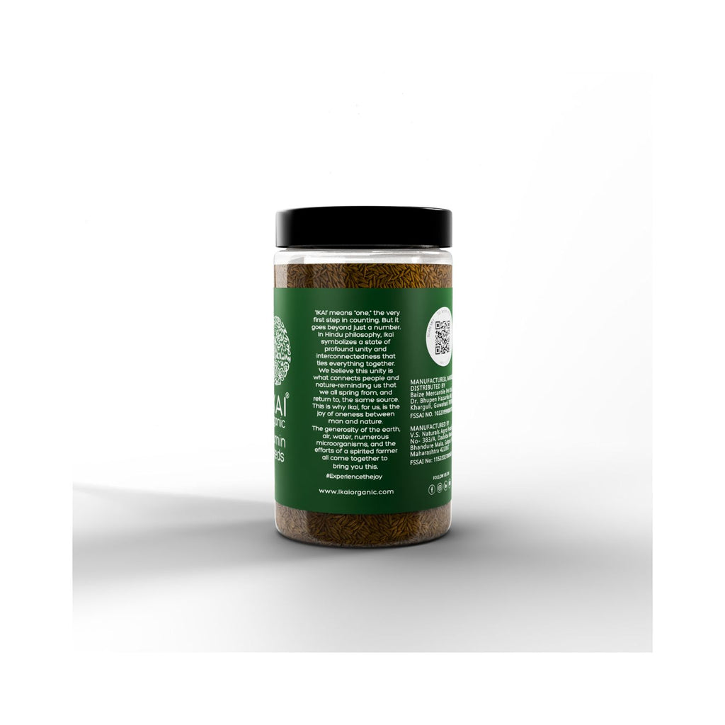 Jar of ikai cumin seeds with a green label on a white background