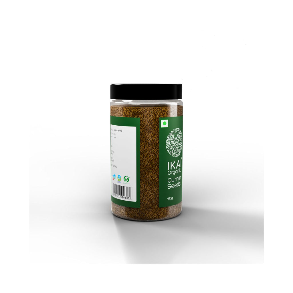 Jar of Ikai original cumin seeds on a white background