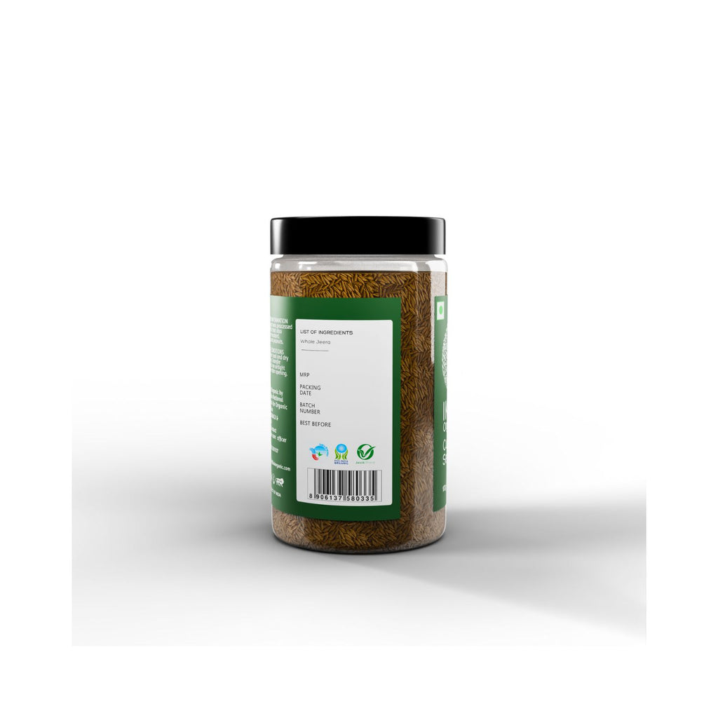 Jar of ikai cumin seeds with a label on a white background