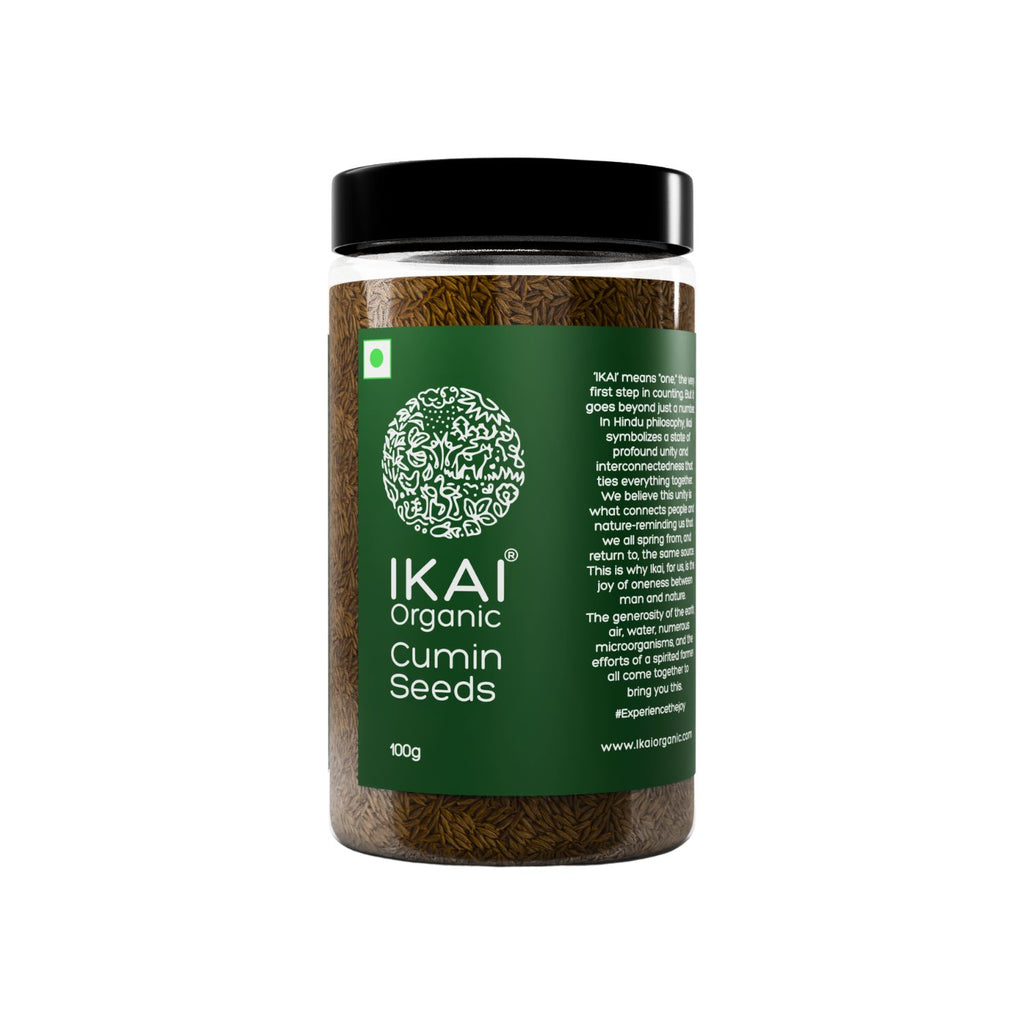 Jar of IKAI Organic Cumin Seeds on a white background