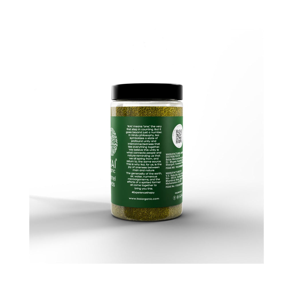 Jar of IKAI Organic Fennel Seeds with Ikai origins with a label on a white background