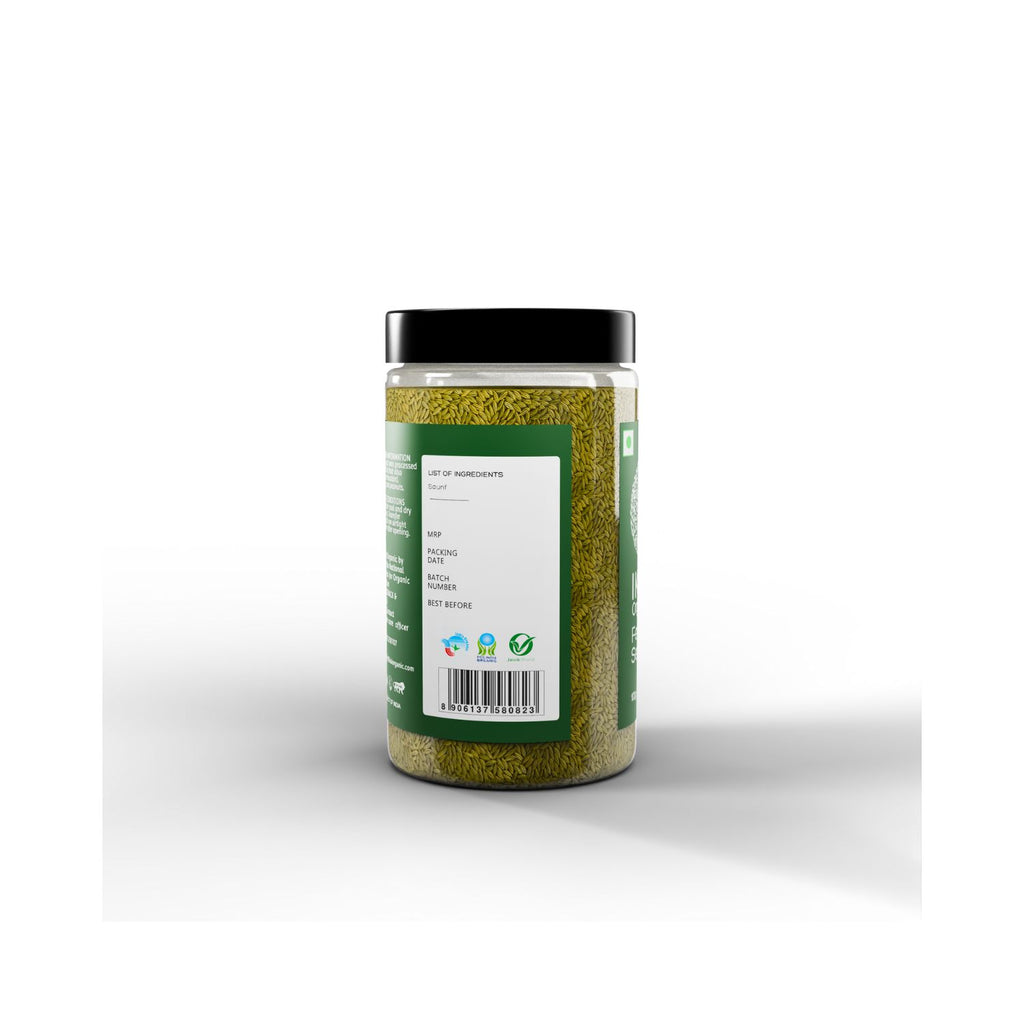 Jar of IKAI Organic Fennel Seeds with barcode on a white background
