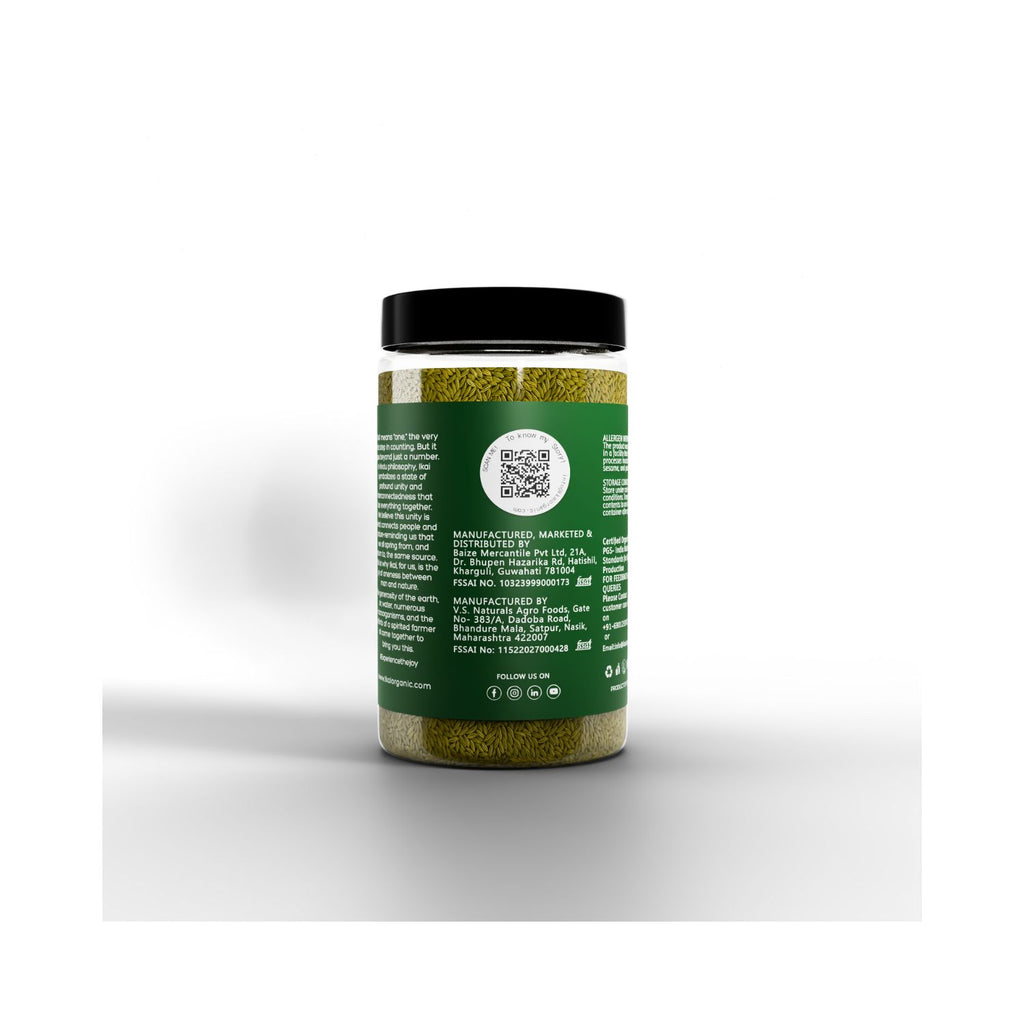 Jar of IKAI Organic Fennel Seeds with manufacturing info on a green label on a white background