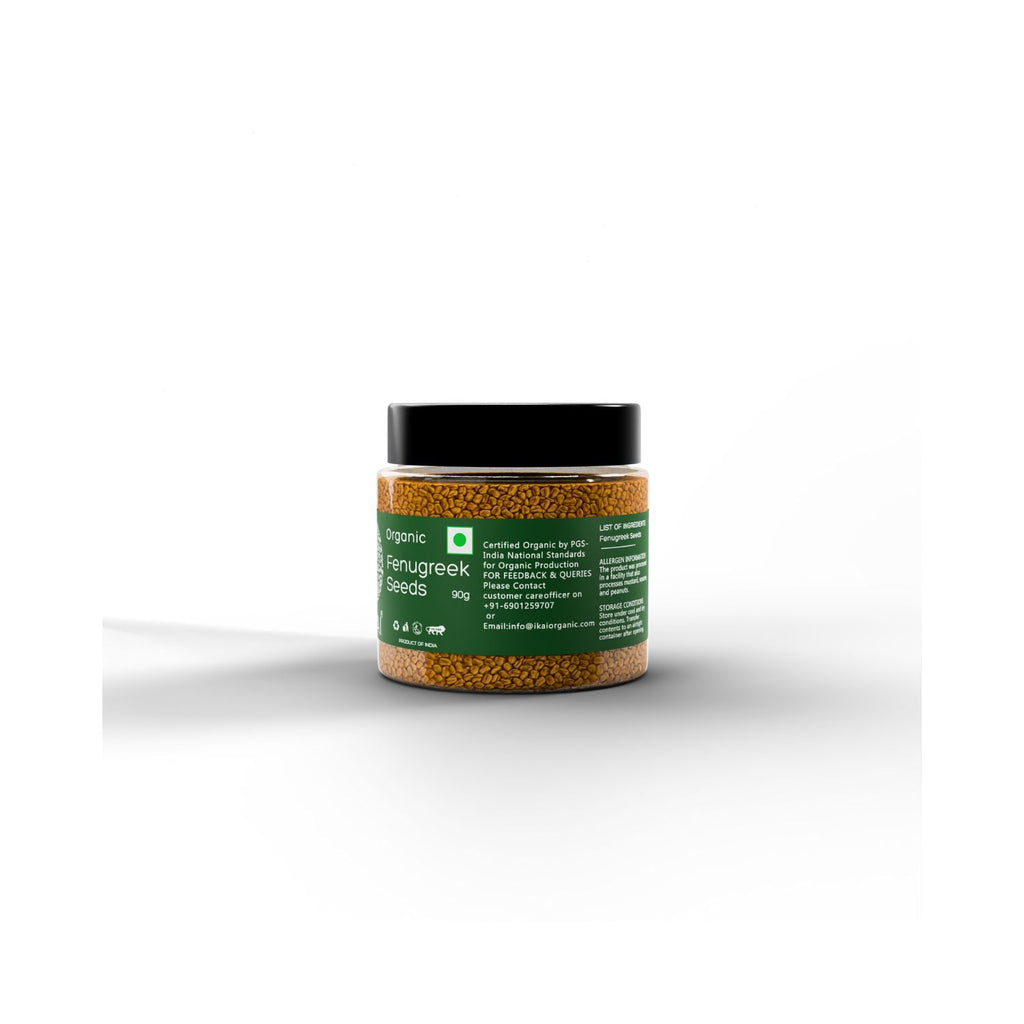 Jar of IKAI organic fenugreek seeds with organic certificate on a green label on a white background