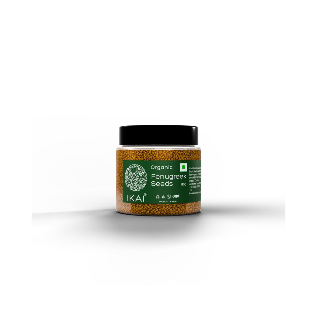 Jar of organic fenugreek seeds with a green label on a white background