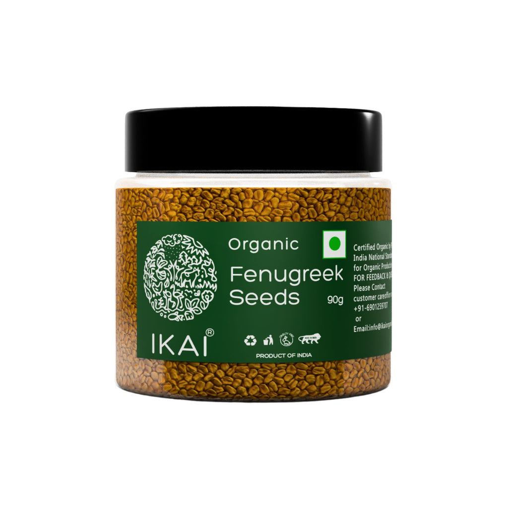 Jar of organic fenugreek seeds with IKAI branding on a white background