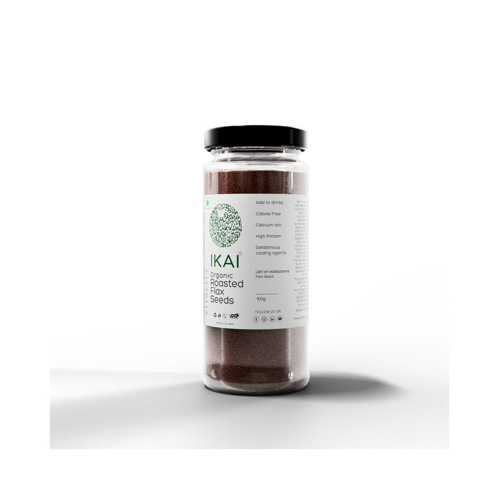 Jar of roasted seeds with IKAI label on a white background with text on usage